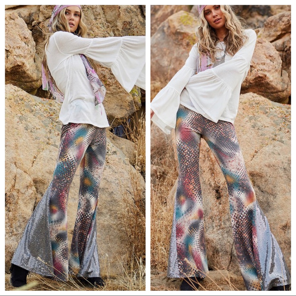 Boho gypsy chic multi color flare bell pants - Picture 2 of 7